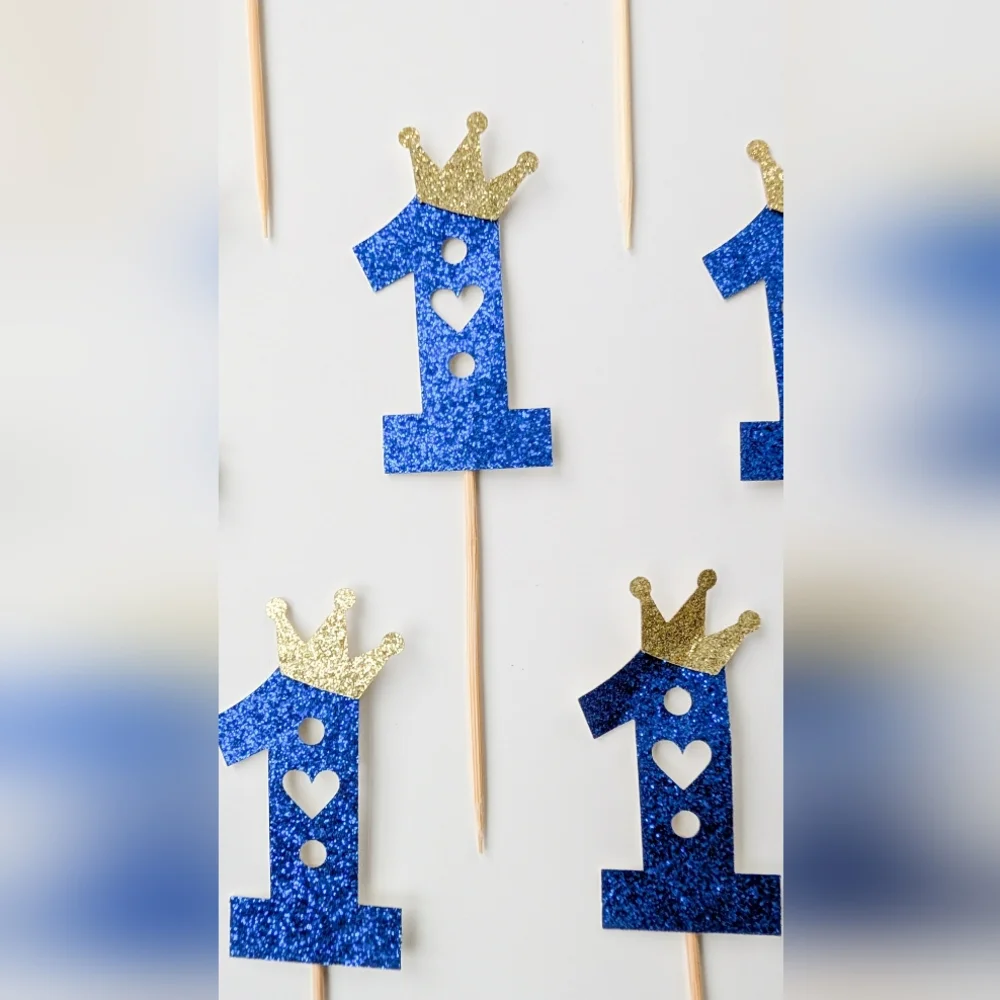 First Birthday Cupcake Toppers - Glitter One Crown Heart Cupcake Picks, 23-Piece